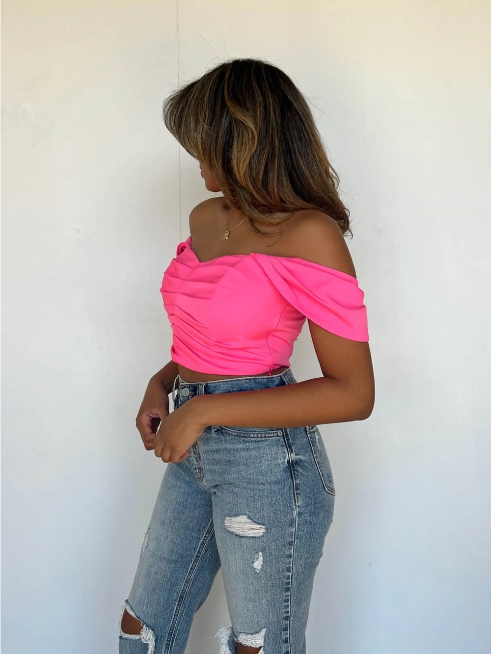 vestique Off-Shoulder Ruched Crop Top - Bright Pink - Picture 3 of 3